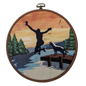 Embroidery Sunrise dog lake canvas round hoop wall hanging frame by Ashland